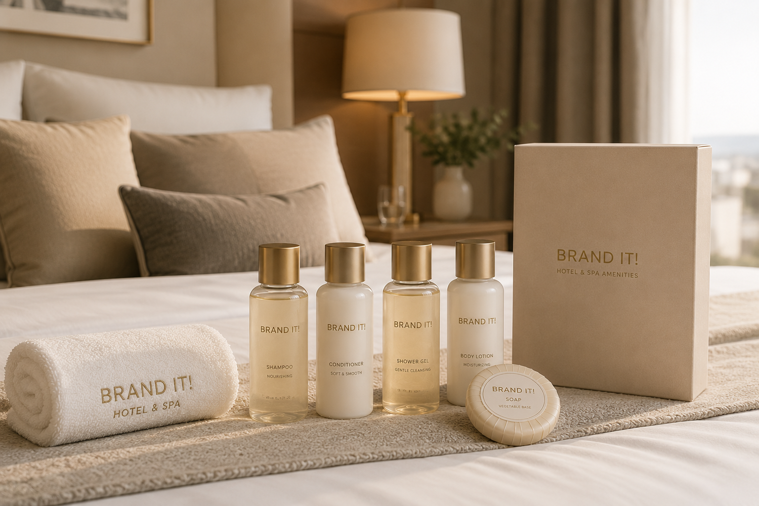 Exclusive hotel and spa amenities with shampoo, conditioner, shower gel, body lotion and soap arranged on a hotel bed.