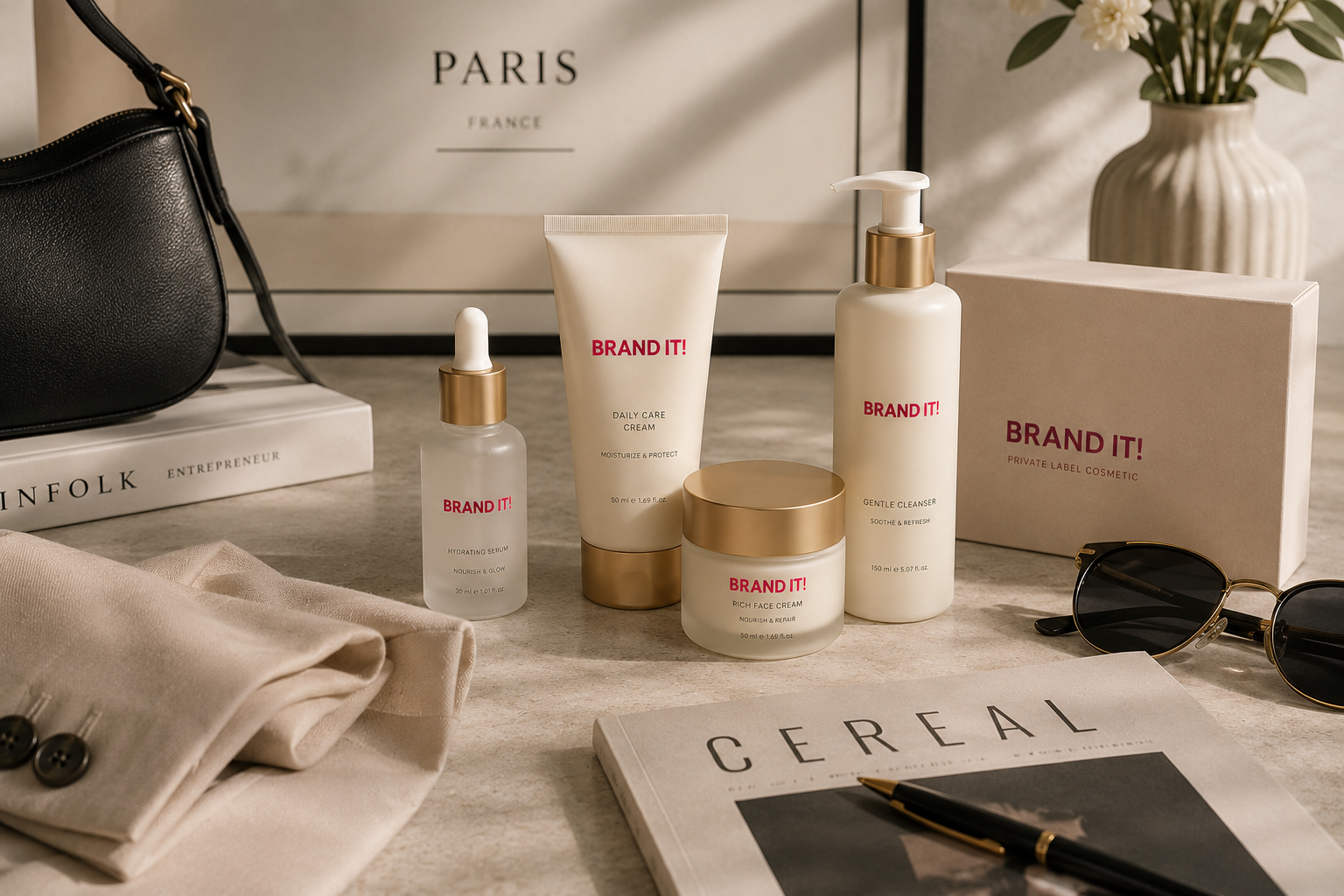 Modern cosmetic products for a fashion and lifestyle brand with elegant packaging in a premium setting.