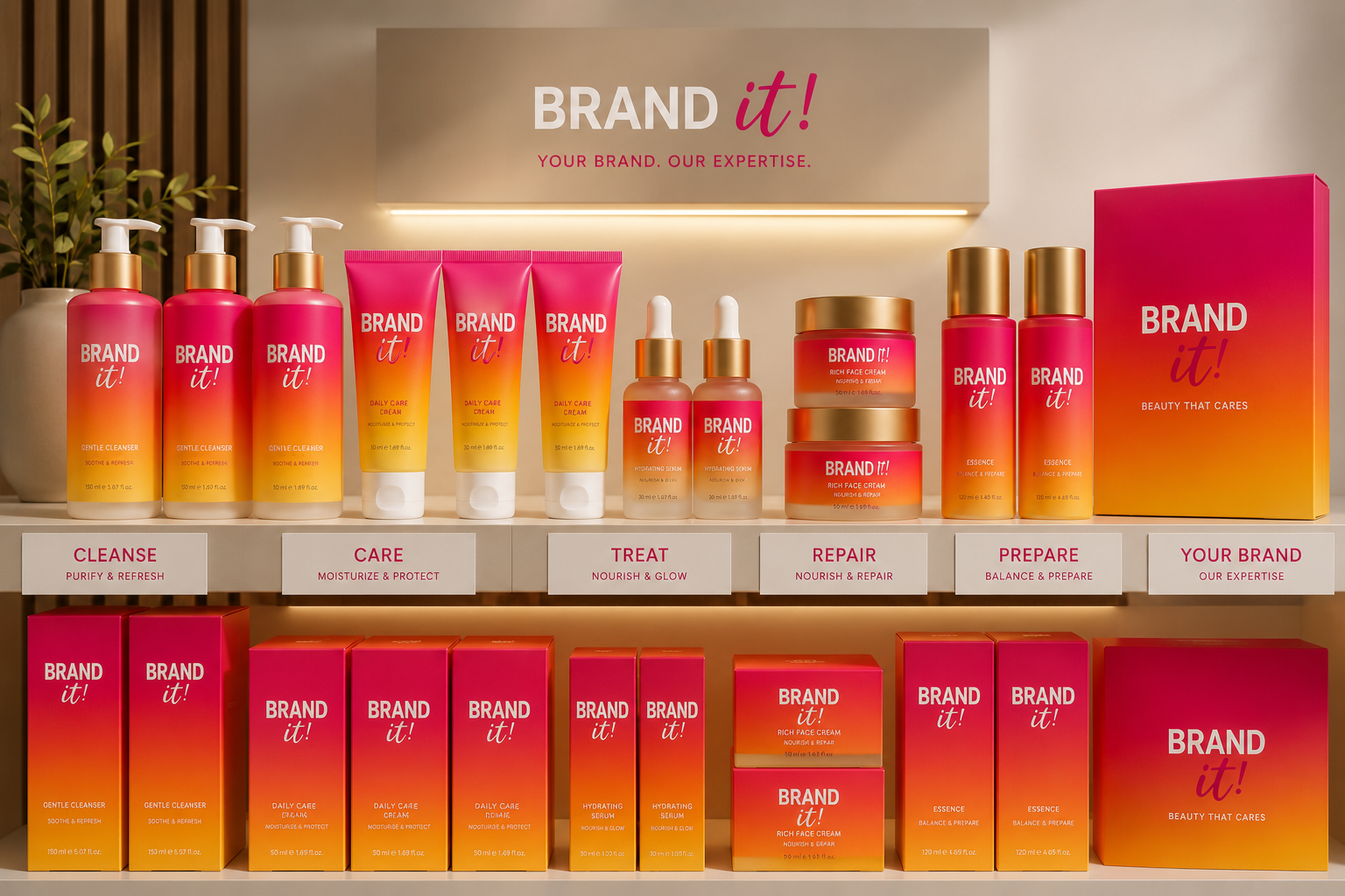 Private-label product line on a retail shelf with various cosmetic packaging options for retail and own brands.