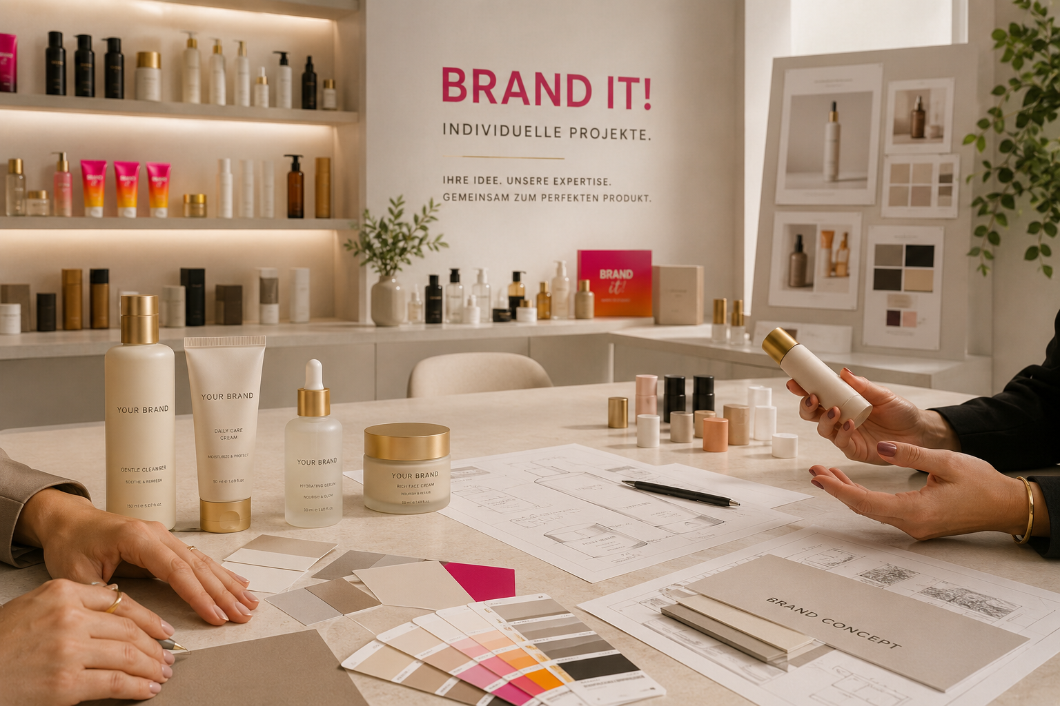 Consultation for the development of an individual private-label cosmetics line with product samples, moodboards and packaging concepts in the PLCC showroom.