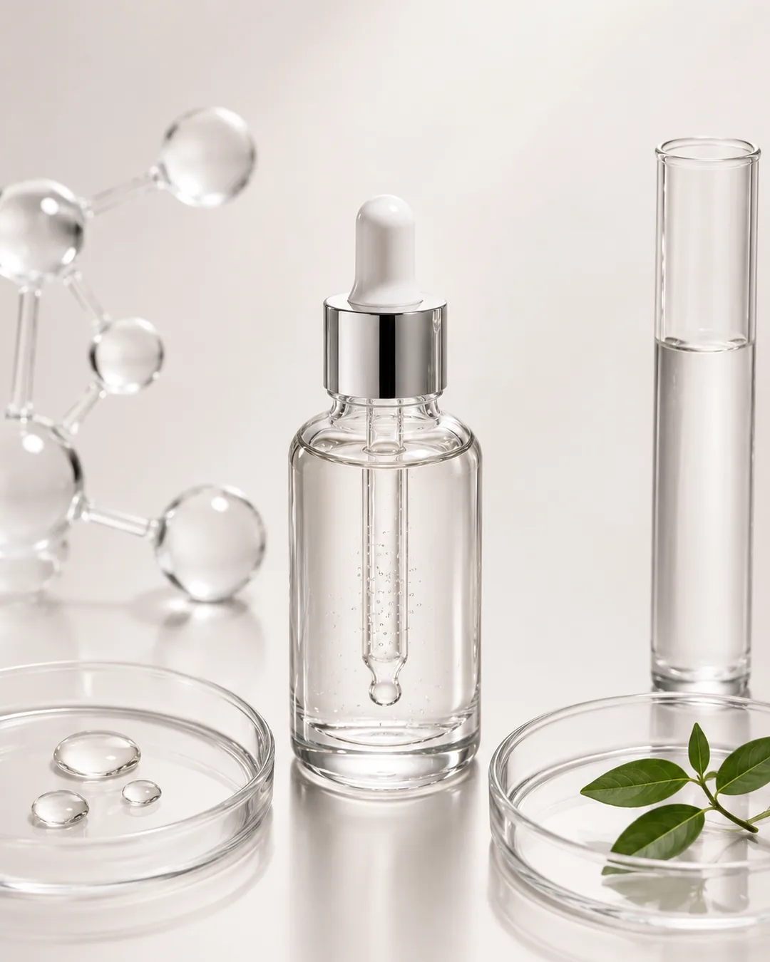 Transparent serum with a molecular model and laboratory glassware