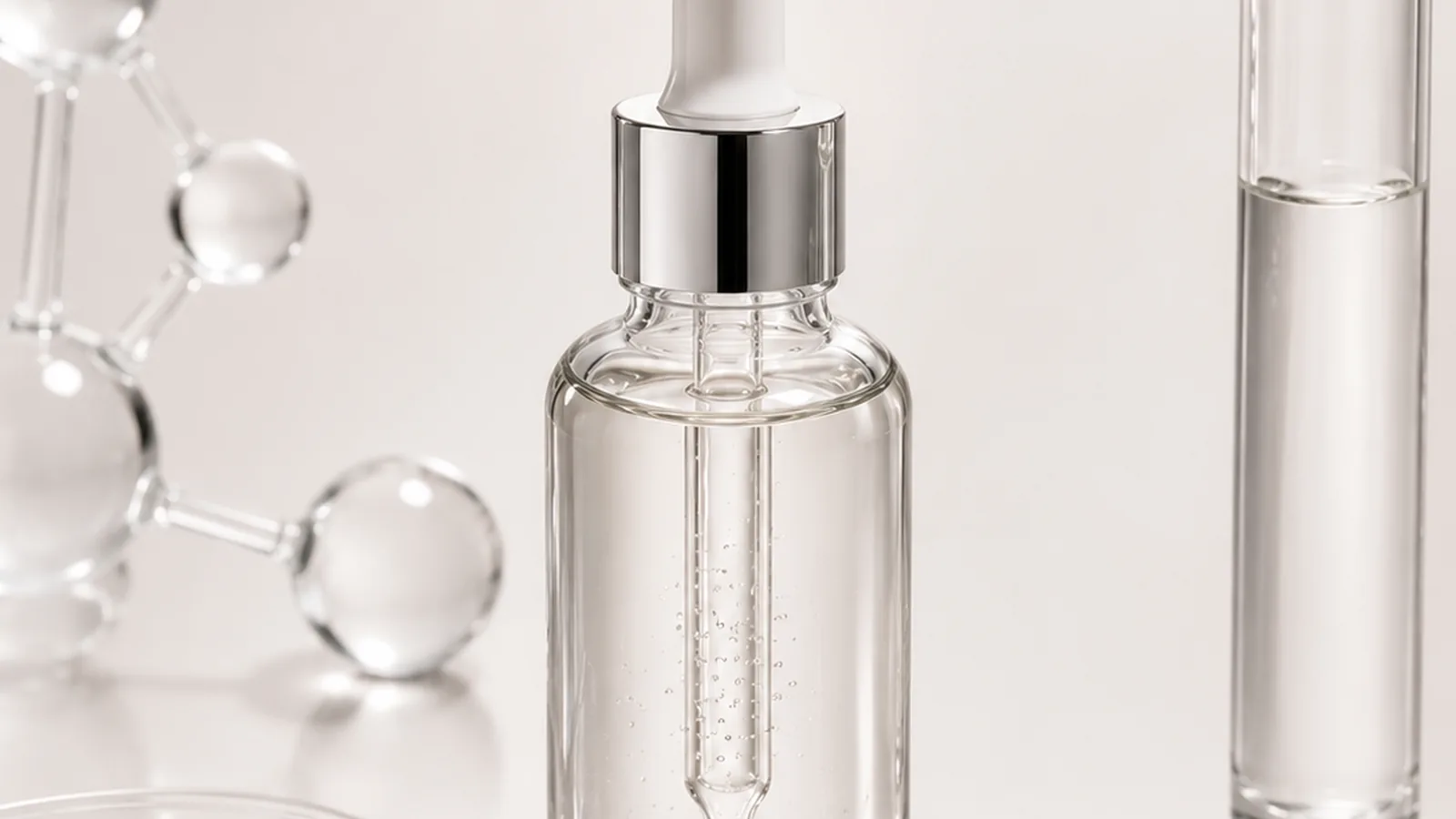 Serum und Molekülmodell als Symbol für biotechnologische Wirkstoffe in der Kosmetik