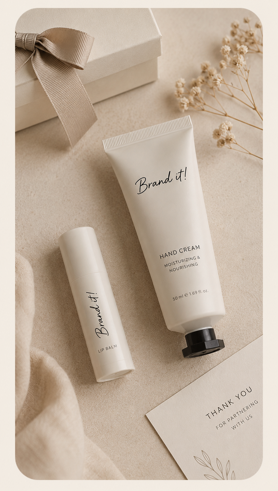 Flat lay of customised Brand it hand cream and lip balm as premium corporate gifts.