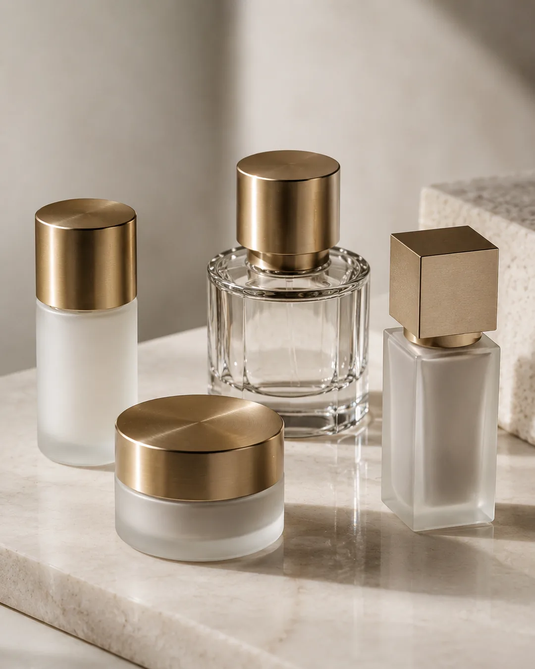 Cosmetic bottles and jars with substantial gold-toned closures