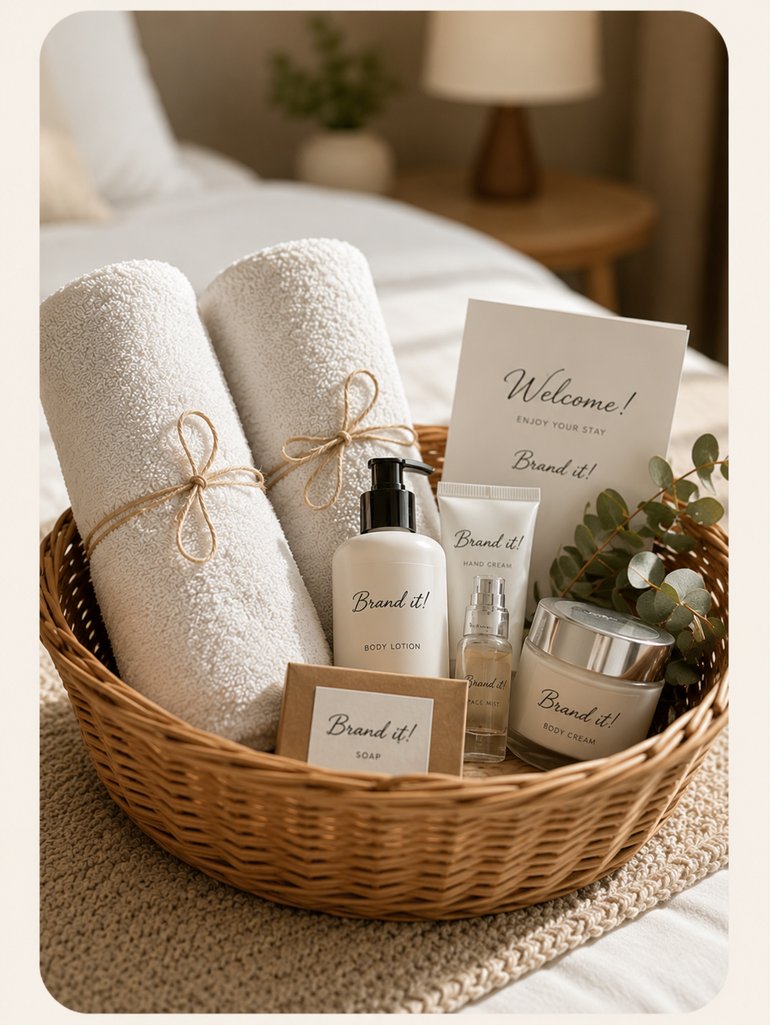 Premium hotel amenities with customised Brand it cosmetic products in a welcome basket.