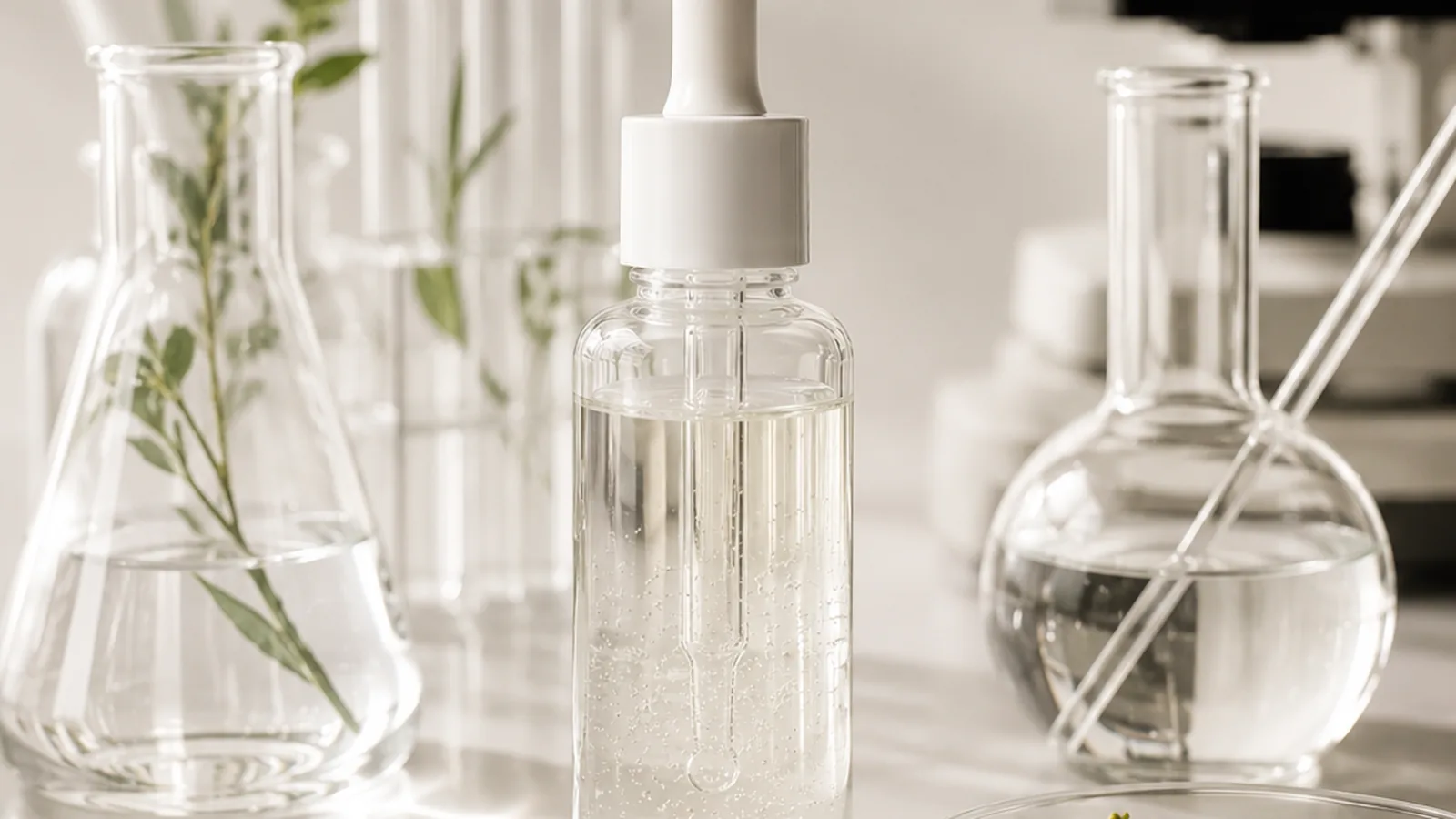 Serum und Laborgefäße als Beispiel für innovative Kosmetiktexturen und Formulierungen