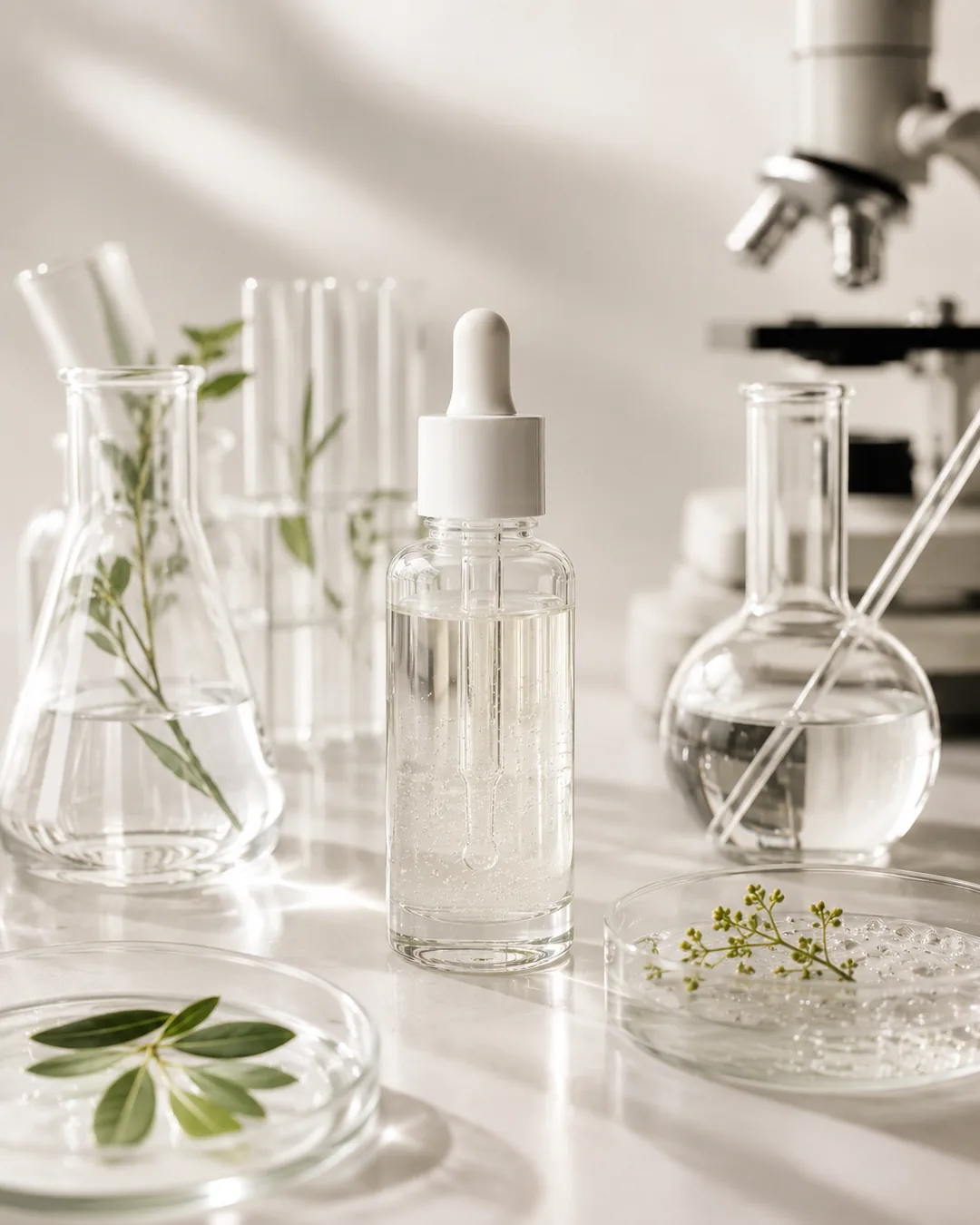 Serum bottle surrounded by laboratory glassware and botanical ingredients