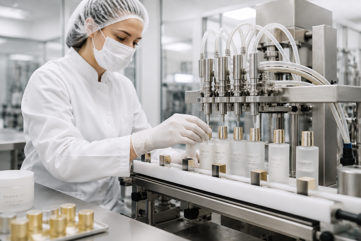 Employee monitoring the filling of premium Brand it! private label cosmetic products at a modern production line.