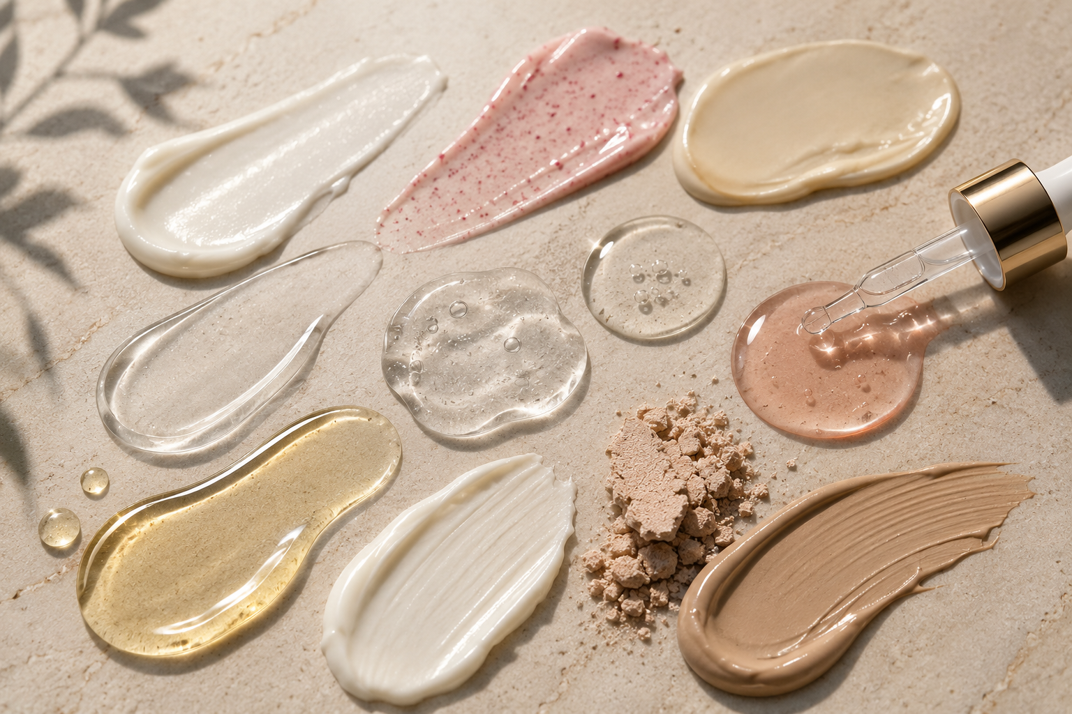 Macro photograph of different cosmetic textures including cream, gel, serum, foundation and powder.