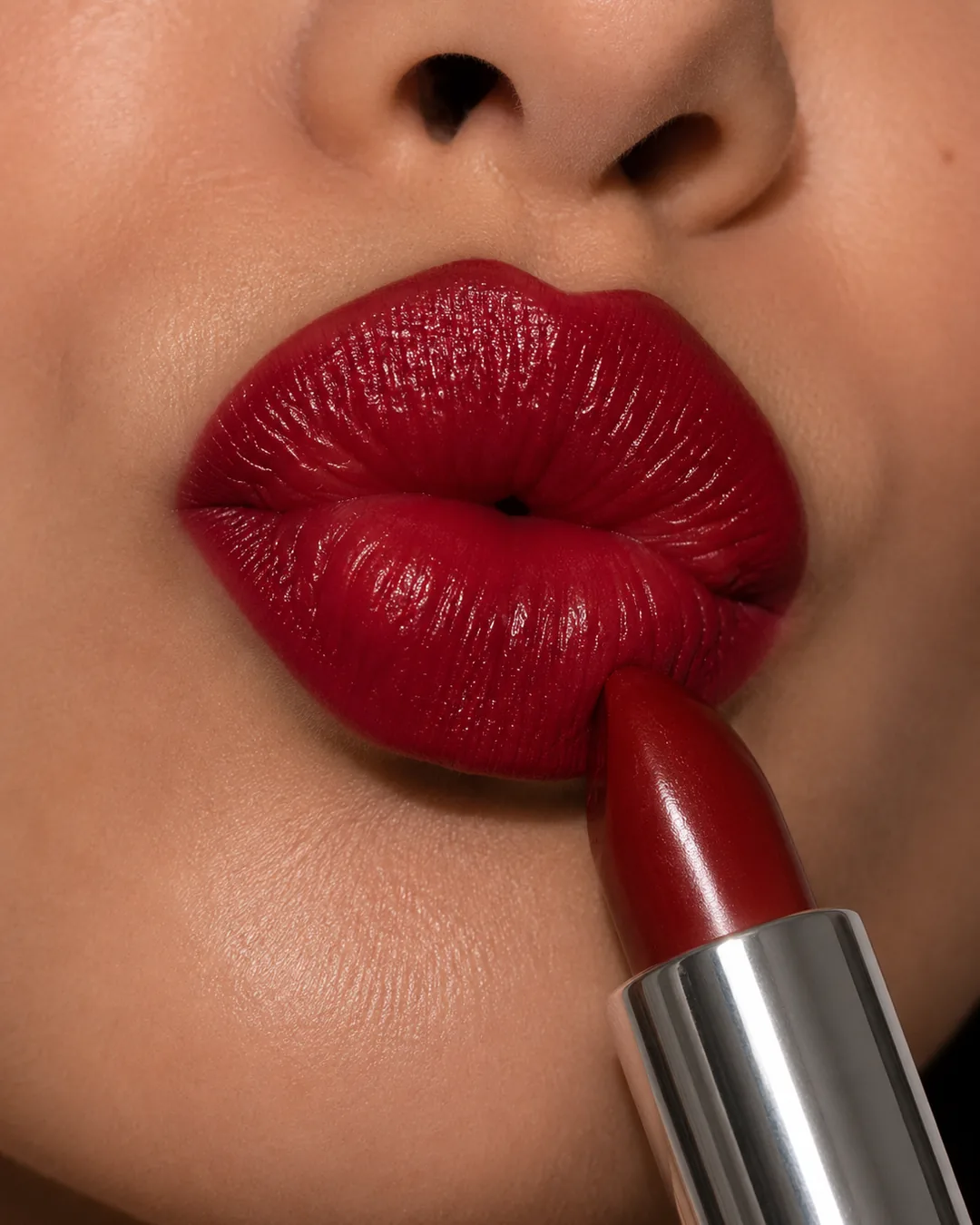 Red lipstick creating a bold statement lip