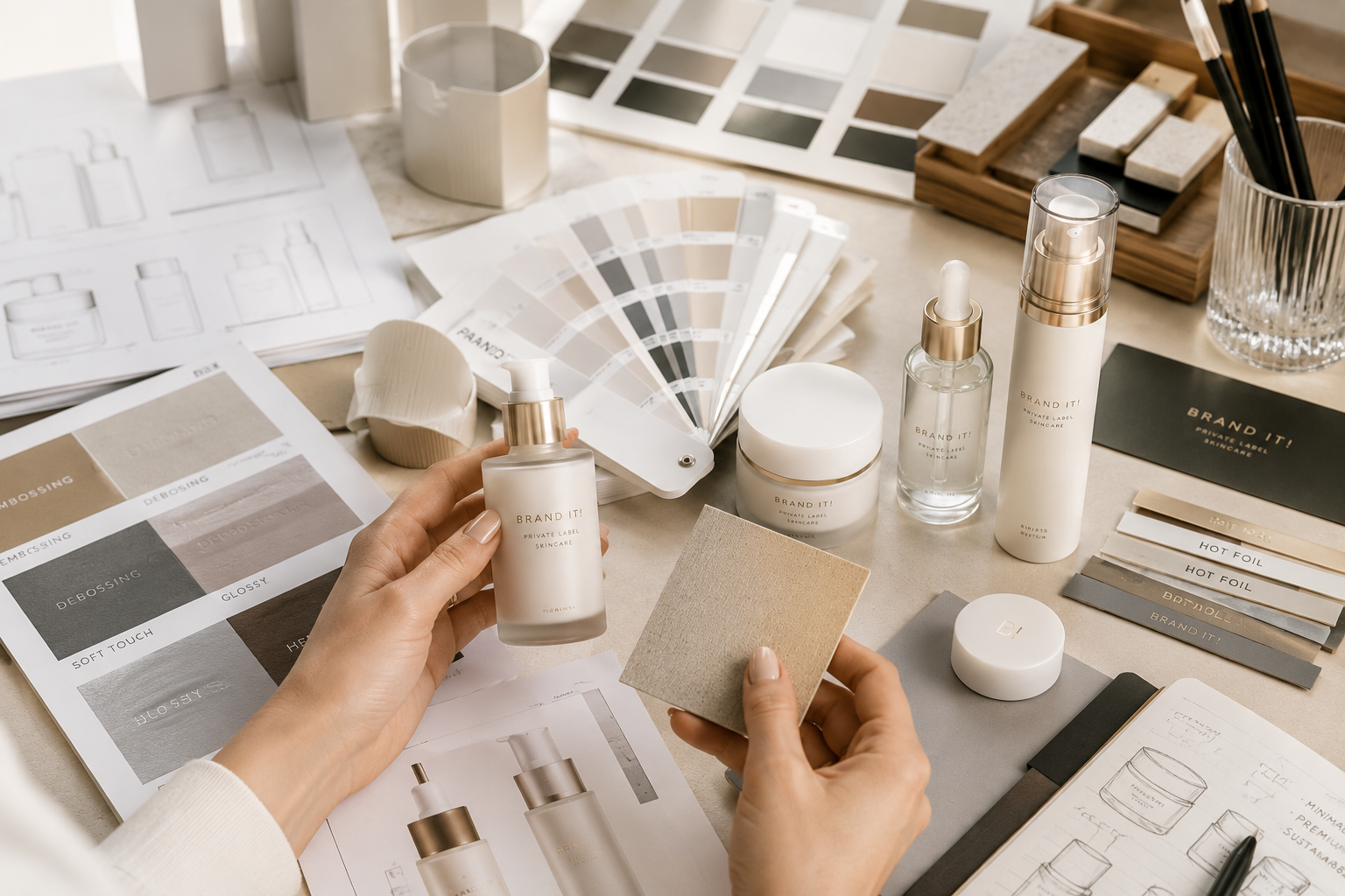 Packaging design process with Brand it! cosmetic packaging prototypes, material samples, color swatches and premium finishing options for private label cosmetics.