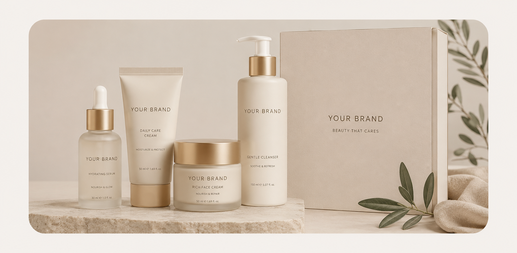 High-quality private-label cosmetics with serum bottle, cream tube, jar and pump bottle in elegant PLCC – Private Label Cosmetic packaging.