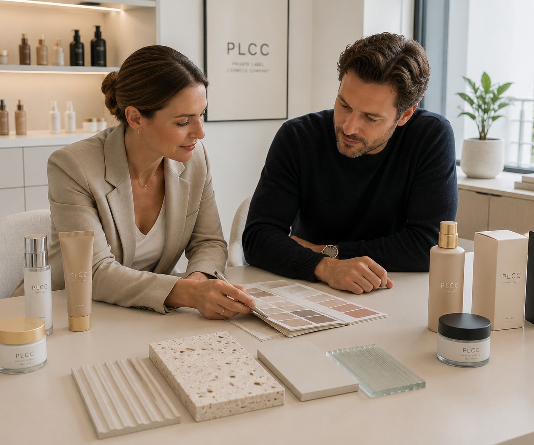 Personal consultation in the PLCC showroom with cosmetic products, materials and colour samples