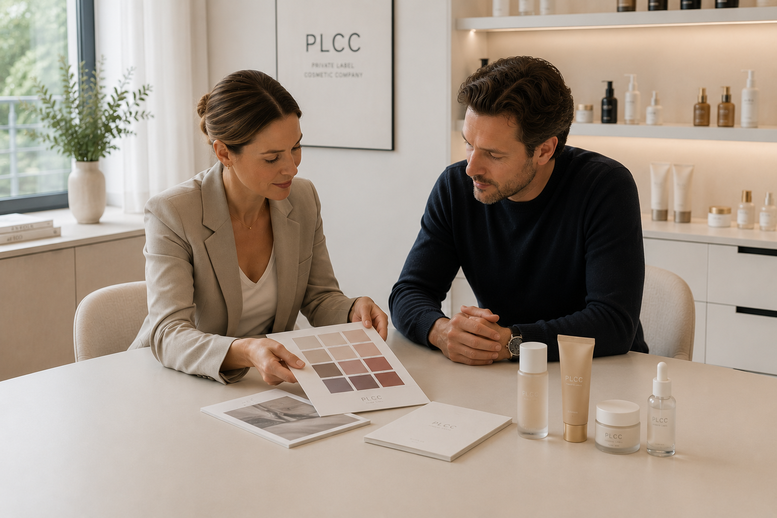 Consultation meeting for the development of a private label cosmetic line in the PLCC showroom.