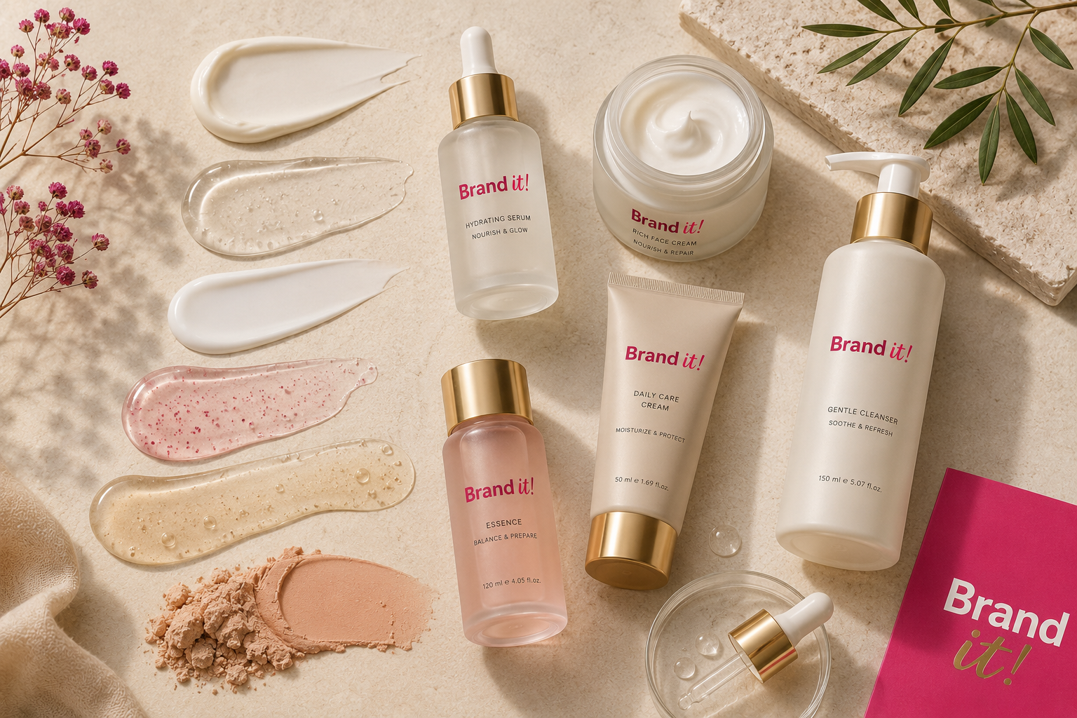 Professional product photography showing Brand it! private label cosmetic products with different formulations and textures.