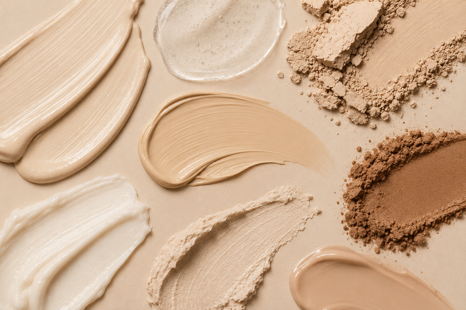 Verschiedene Kosmetiktexturen aus Creme, Foundation, Gel und losem Puder