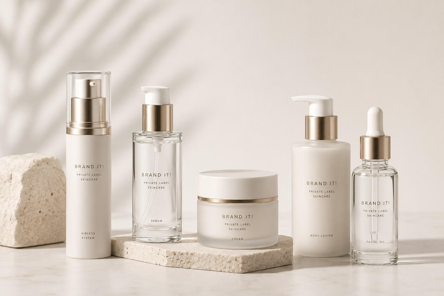 Professional product photography of Brand it! private label cosmetic packaging including bottles, jars and airless dispensers for custom packaging design.