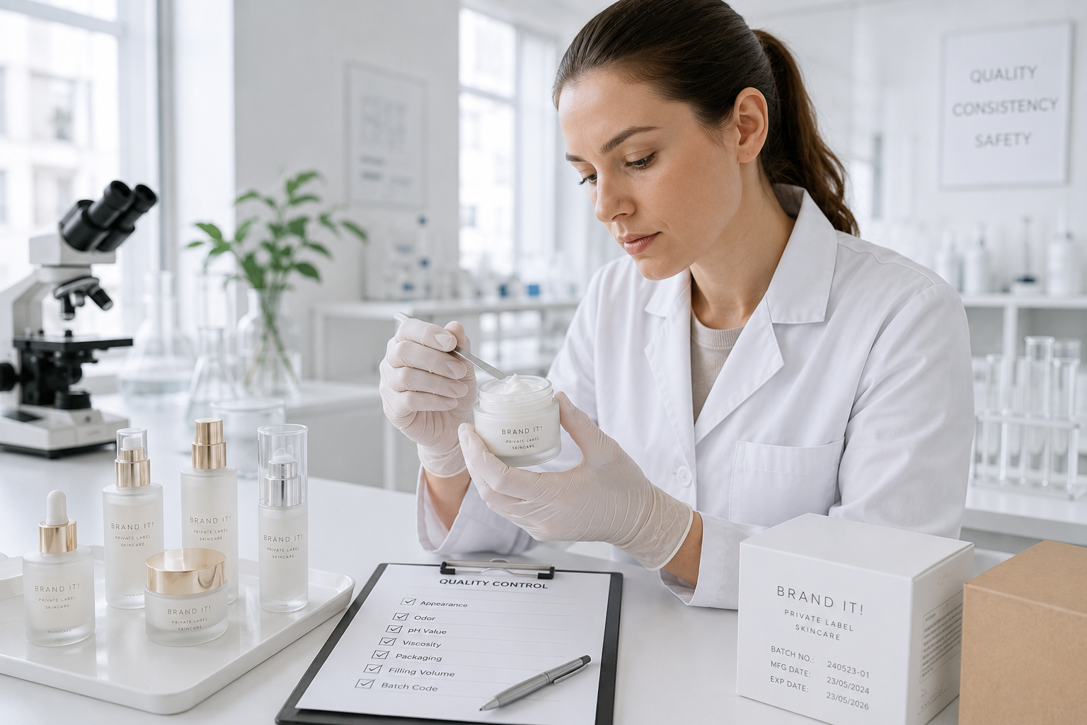 Employee checking the quality of a Brand it! face cream in the laboratory during quality control for private label cosmetics.