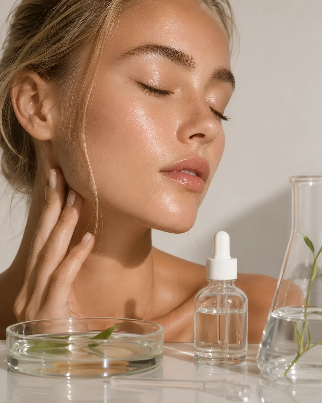 Frau mit Serum in einer hellen Laborumgebung