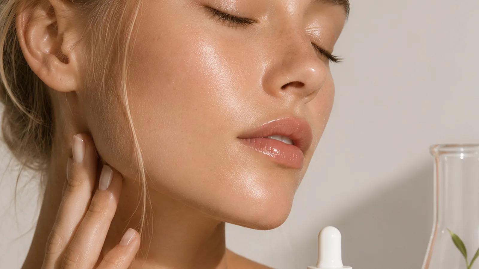 Serum and healthy-looking skin representing regenerative skincare and skin longevity