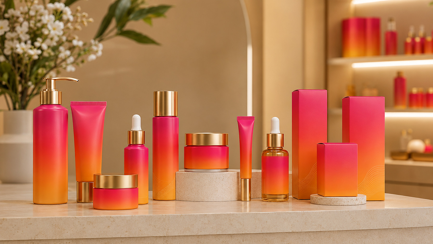 Pink and orange private-label cosmetic range with consistent packaging