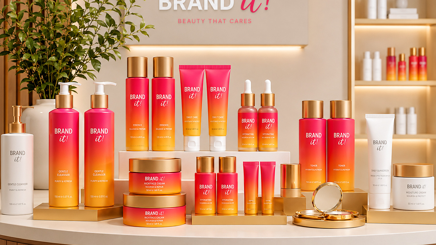 Pink and orange private-label cosmetic range in a modern retail environment