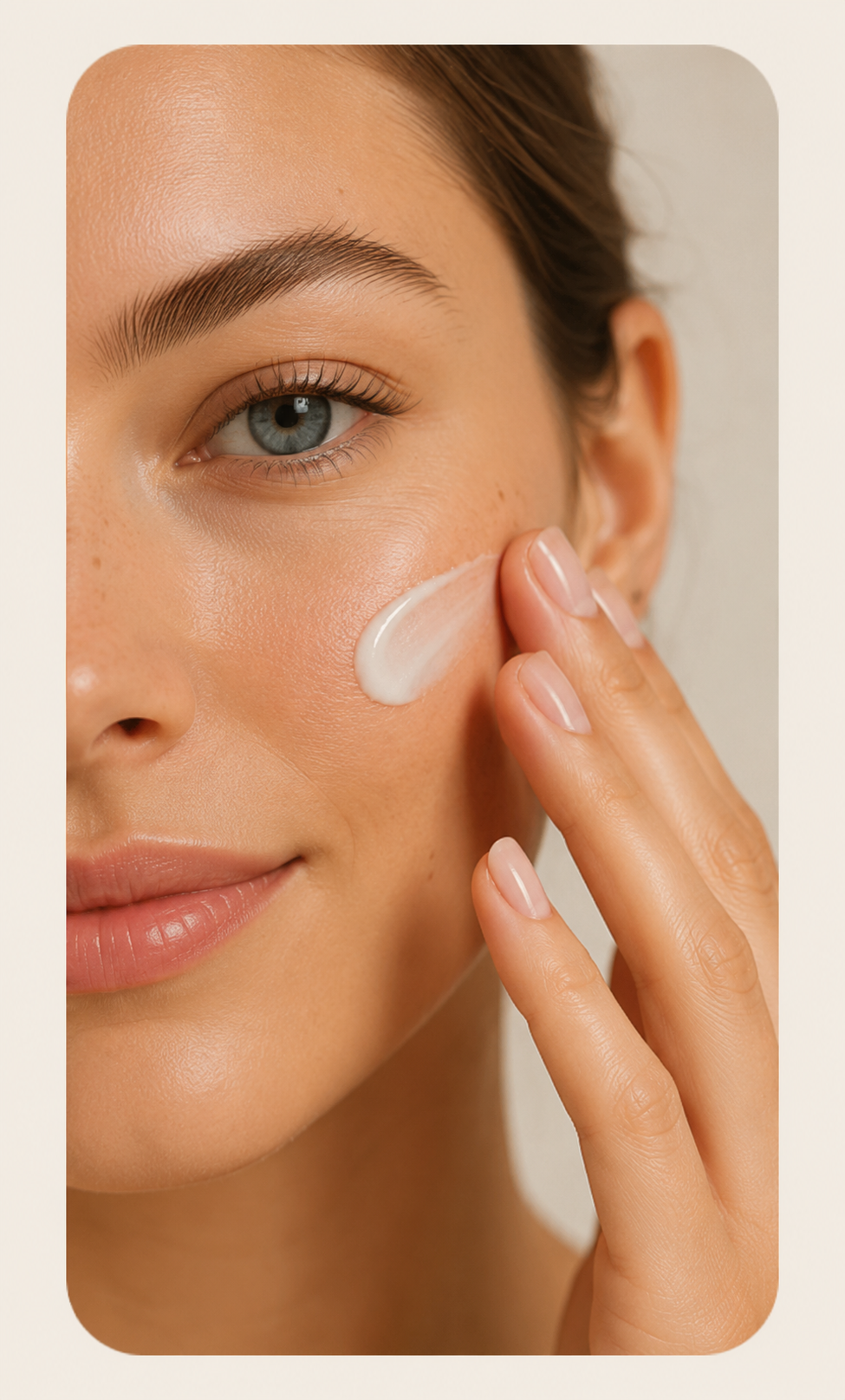 Model applying facial cream to healthy skin for private label skincare products.