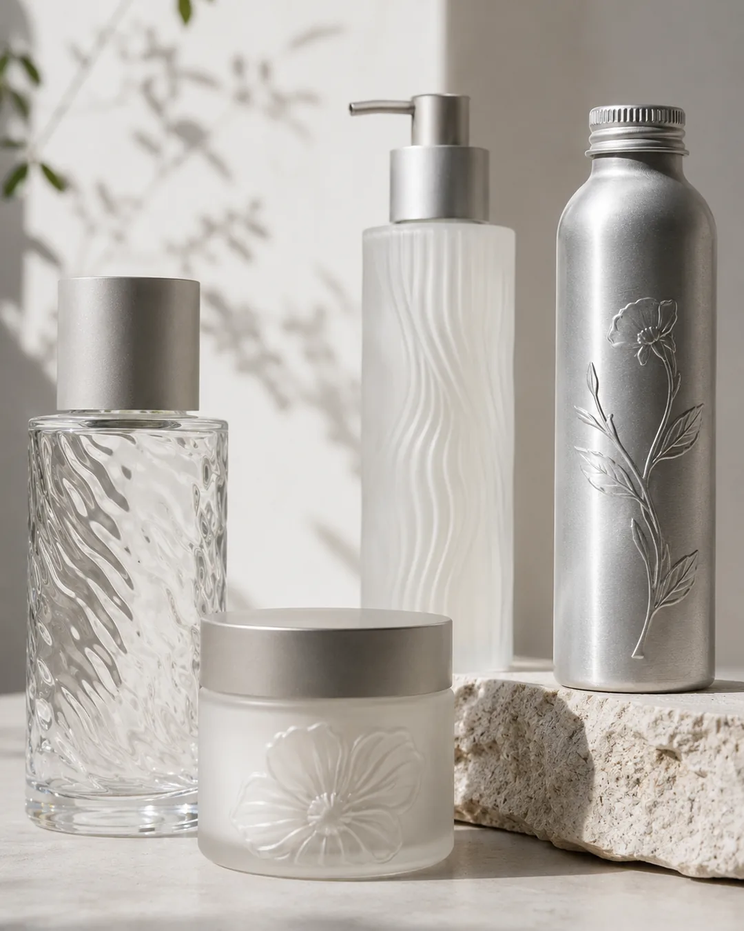 Kosmetikverpackungen aus Glas und Aluminium mit Reliefstrukturen